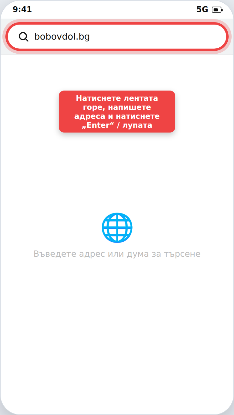 Въвеждане на адрес в лентата на браузъра