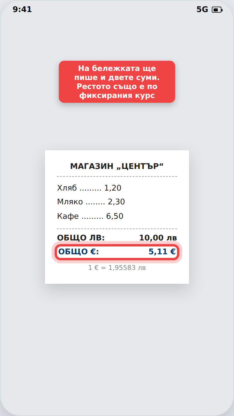 Касова бележка с обща сума в левове и в евро