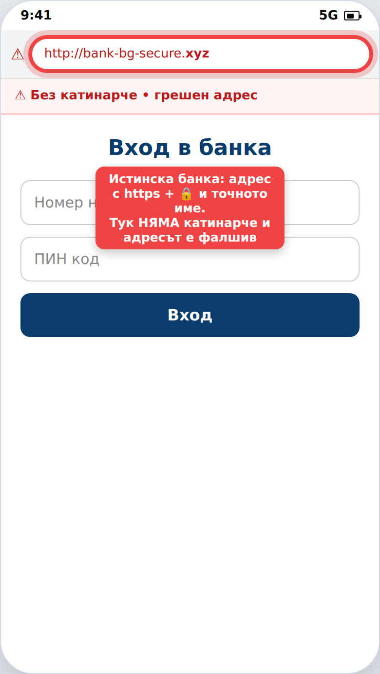 Фалшива страница на банка без катинарче и с грешен адрес