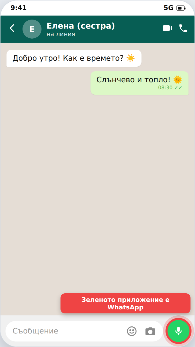 Чат екран на WhatsApp (зелено приложение)